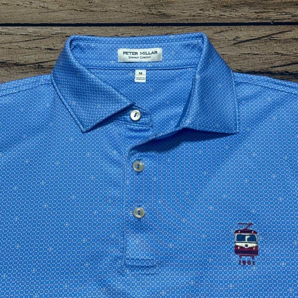 Peter Millar Polo Shirt Men Medium Blue Summer Comfort Trolley 1901 Geometric